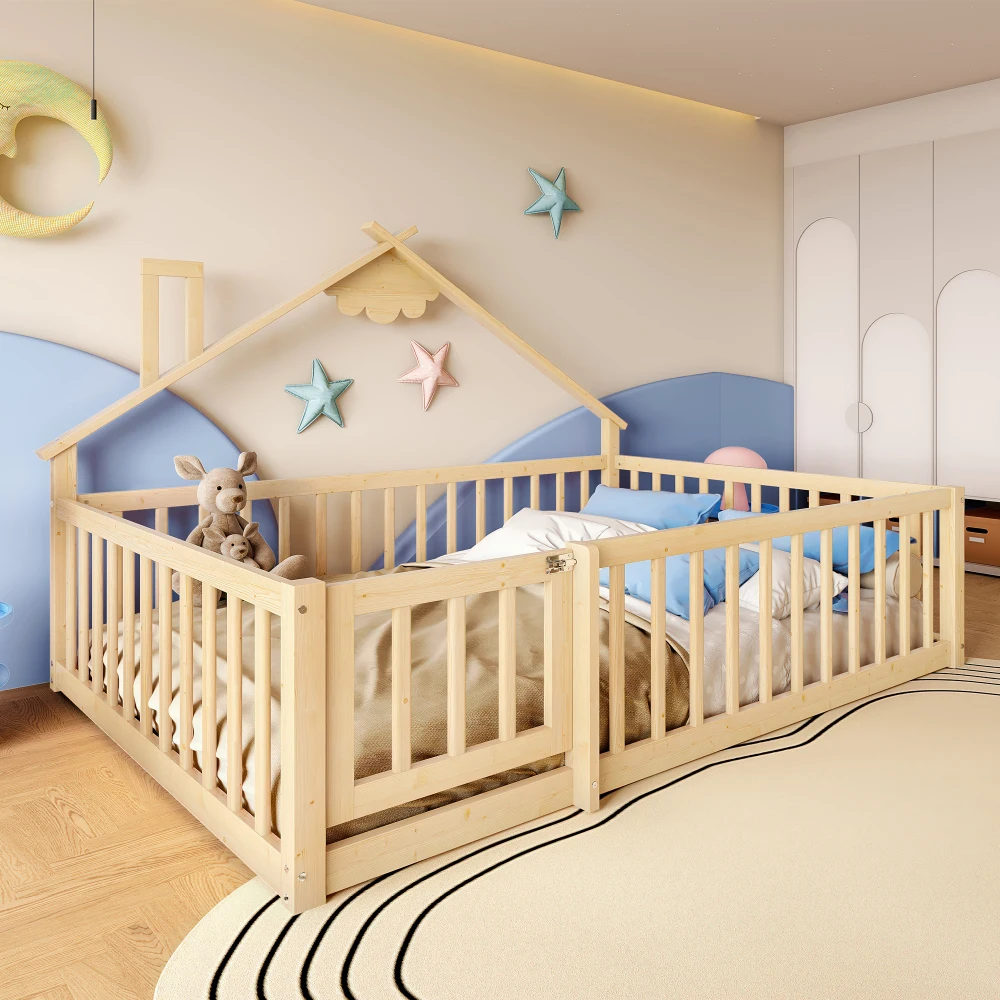 Sicheres, umweltfreundliches 90 x 190 cm großes Flachbett – stabiler Rahmen aus Kiefernholz mit abschließbarem Hausgeländer, sichere Schlafmöbel – Detail 16