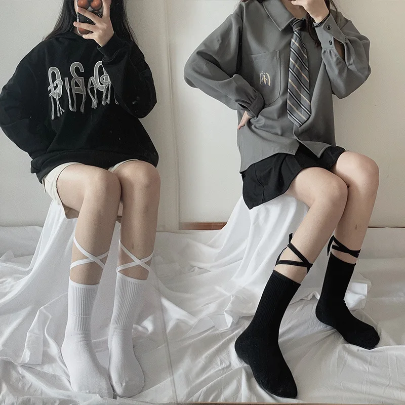 Lolita Reflective Stockings Bandage Lolita Socks Long Knee Socks Korea Style Women White Cotton Socks Cosplay JK Socks Cute
