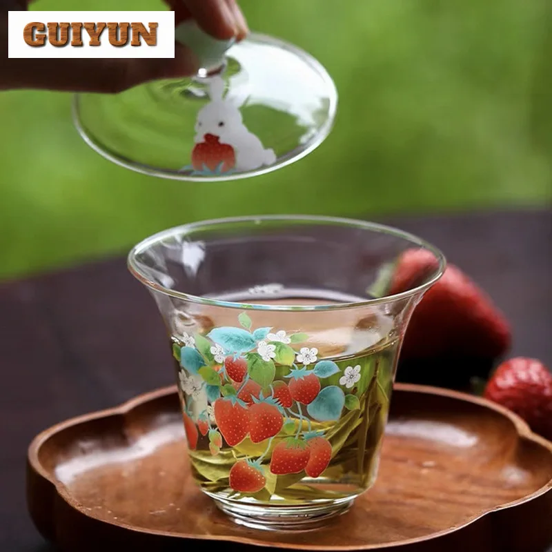 155ml Strawberry Heat-resistant Glass Gaiwan Luxury Tea Tureen Household Tea Making Cover Bowl Services Equipment Ornaments