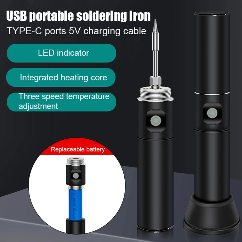 Fer à souder USB rechargeable 800mAh en action sur un circuit électronique, température affichée à 450°C