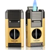 LUBINSKI 4-in-1 Cigar Turbo Lighter V-Type Cigar Cutter Cigar Punching Needle Metal 2-Torch Butane Gas Jet Lighter Men's Gifts 1