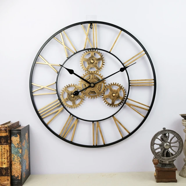Horloge ronde 80 cm avec engrenage et fond en bois
