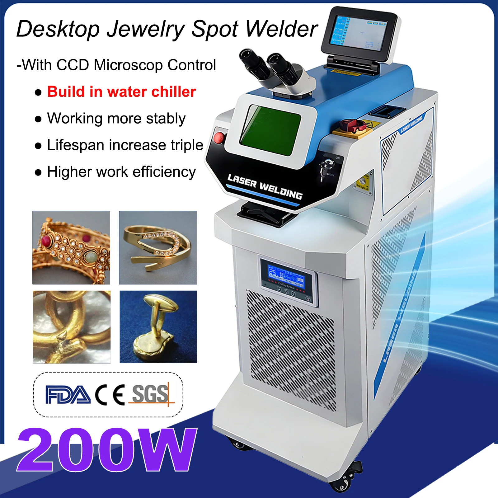 Water Cooling 200W Jewelry Spot Laser Welding Machine & Red Light Position CCD Control System Microscop