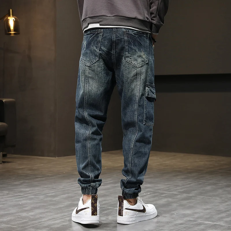 Streetwear Fashion Ripped Jeans Men Loose Fit Retro Washed Spliced Designer Casual Denim Cargo Pants Printed Hip Hop Joggers Men