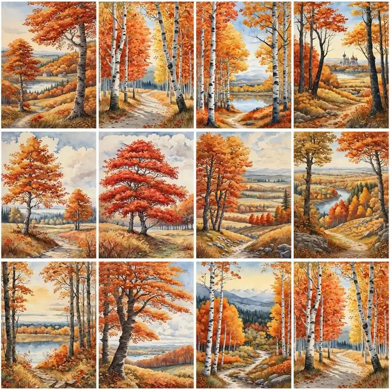 

CHENISTORY 5d Diamond Mosaic Cross Stitch Autumn Tree Scenery DIY Full Square/Round Drill Diamond Painting Gift Home Art Decor
