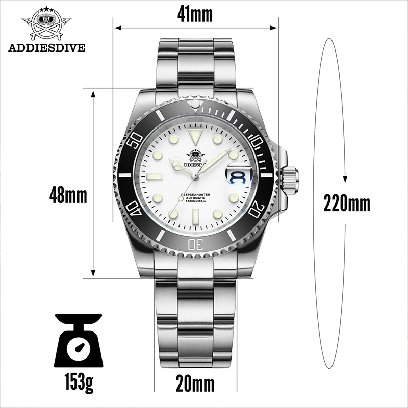ADDIESDIVE New Men's Automatic Mechanical Watches 41mm Sapphire 316L Stainless Steel 300M Waterproof Diver Watch Reloj Hombre