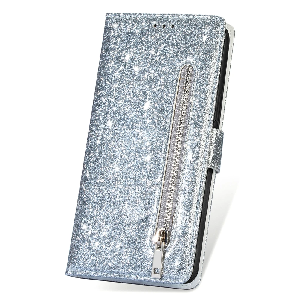 Glitter Zipper Wallet Phone Case with Kickstand, Strap, Card Pocket, and Bumper Protection