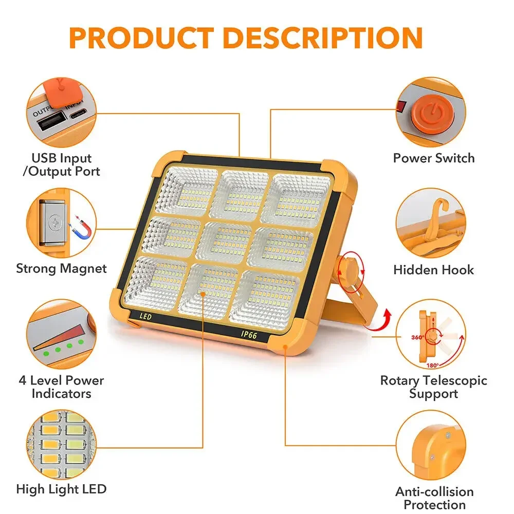 Solar Flood Light Rechargeable High Power Outdoor Portable LED Reflector Spotlight Projector
