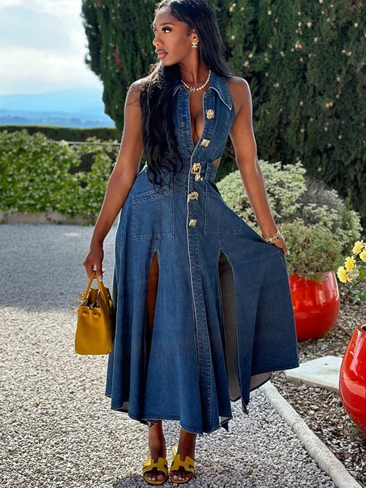 【BAON】Suu Ribbon Denim Sleeveless Long One Piece Sexy Denim Hollow Out Women Dress See Through Sleeveless
