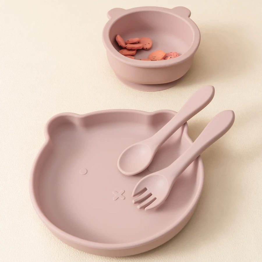 4PCS Baby Silicone Dinner Set Suction Cartoon Bear Bowl Dishes Silicone Spoon Fork Eating Training Baby Tableware Soft Utensils 4