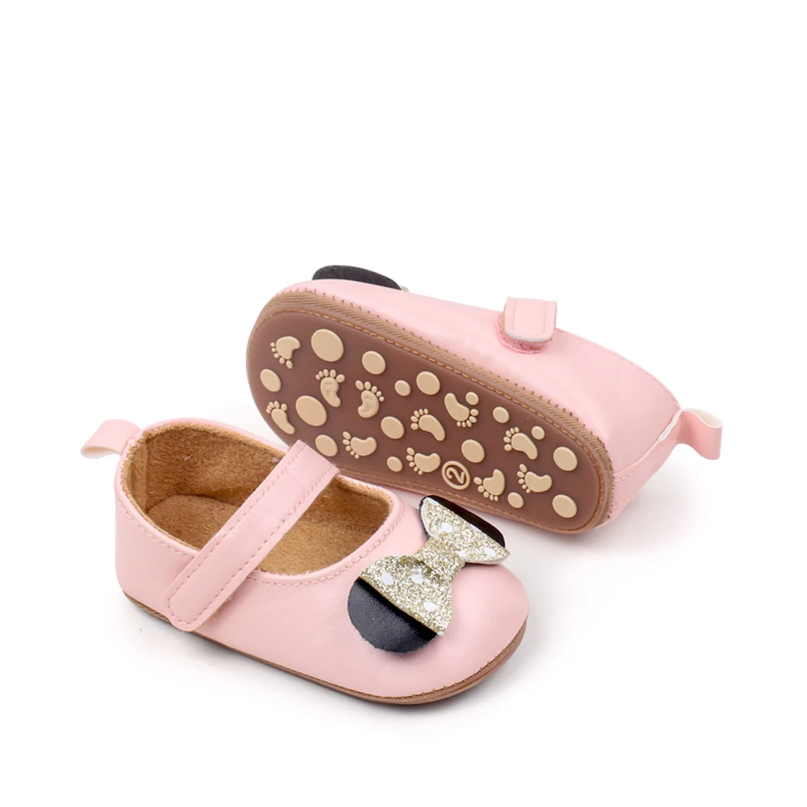 Baby Girls Glitter Bowknot Princess Dress Shoes Cute PU Leather Non-Slip Crib Shoes for Infants Toddlers Walking
