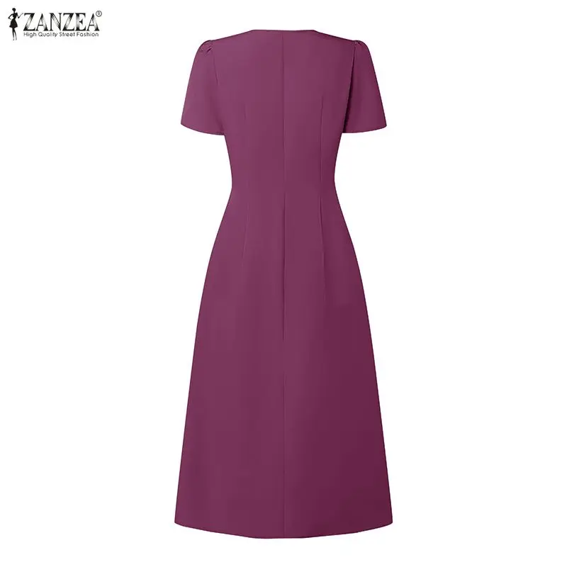 ZANZEA Abito estivo elegante da donna con scollo a V e maniche a petalo, vestito casual a pieghe a trapezio tinta unita per l'ufficio o le vacanze - immagine 3