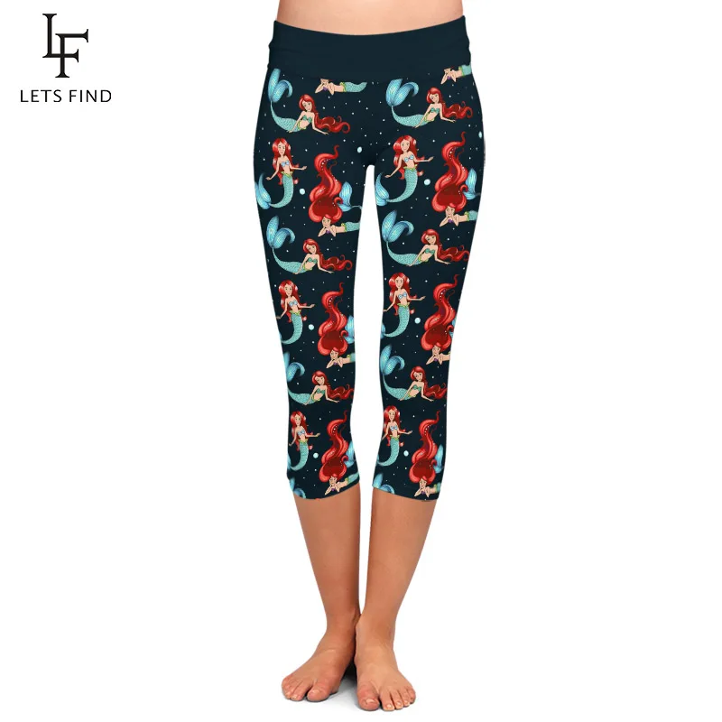

LETSFIND Fashion Ccartoon Mermaids Print Women Capri Leggings High Waist Soft Fitness Elastic Mid-Calf Leggings