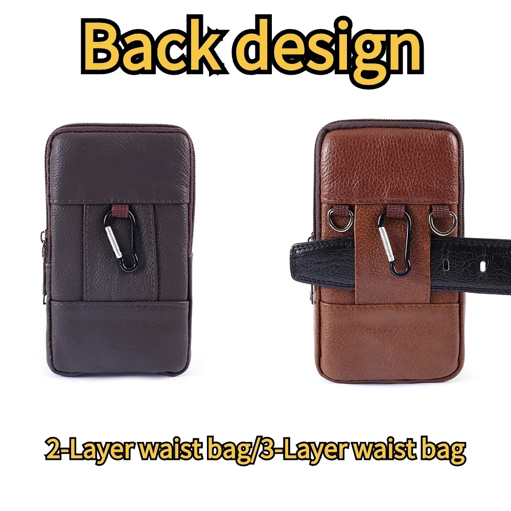 Men's Brown Leather Multi-Layer Buckle Waist Bag with Large Capacity
