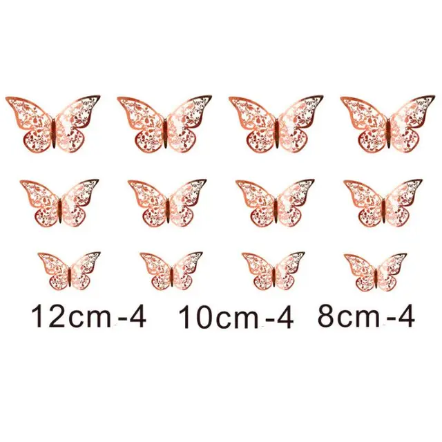 12Pcs Metal Texture Gold Artificial Butterfly Cake Topper Cake Decoration Simulation Butterflies Wedding Crafts Party Decoration C-RoseGold