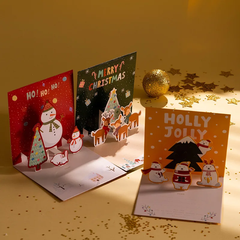 Merry Christmas Cards 3D Pop-up Greeting Cards Envelope Santa Claus Snowman Laser Xmas Happy New Year Greeting 6/1PC