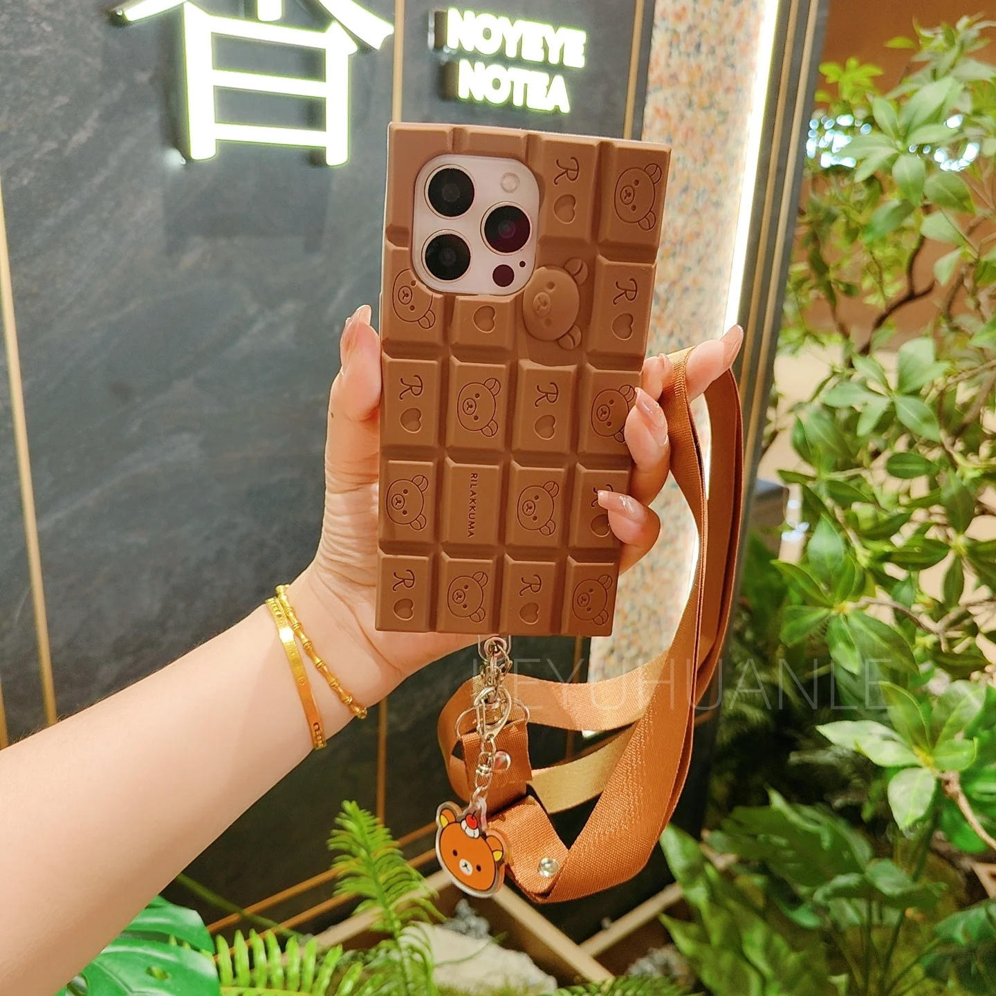 3D Chocolate Silicone Cartoon Bear Crossbody Phone Case with Strap Lanyard