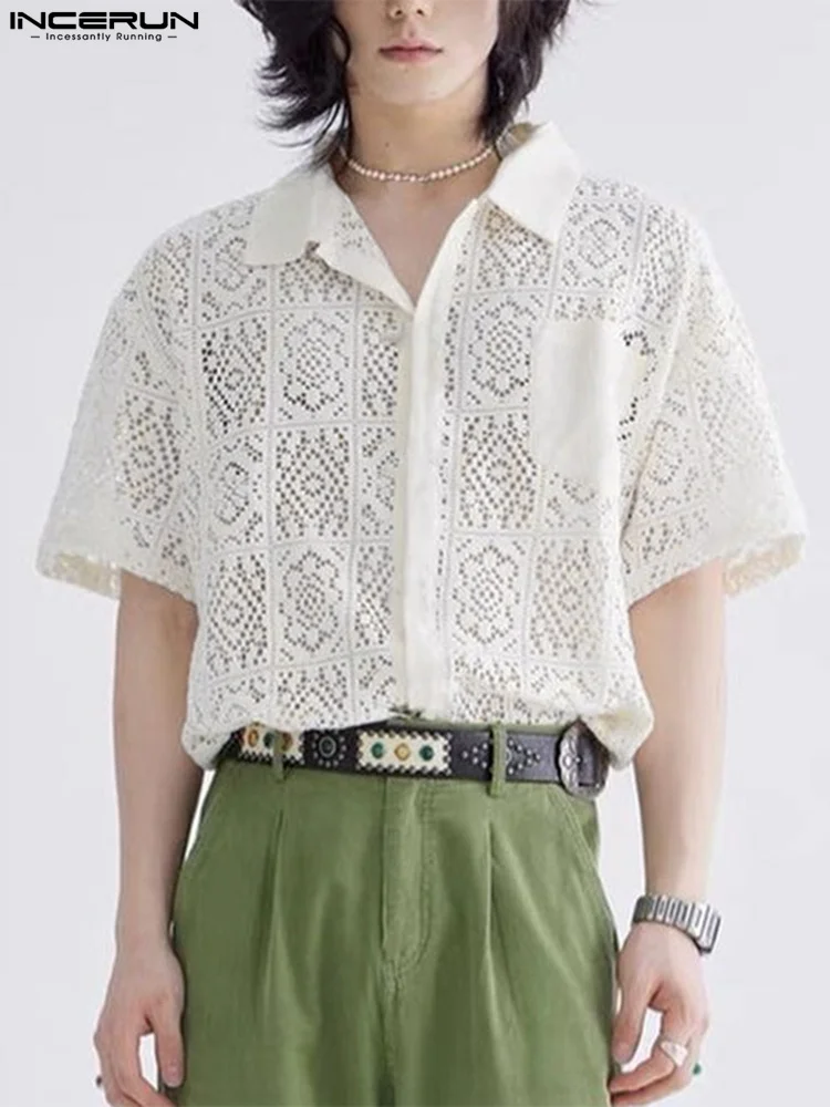 Fashion Casual Style New Men's Tops INCERUN Hollow Lace Pane Flower Printed Blouse Male Knitted Short-sleeved Shirts S-5XL 2023 2
