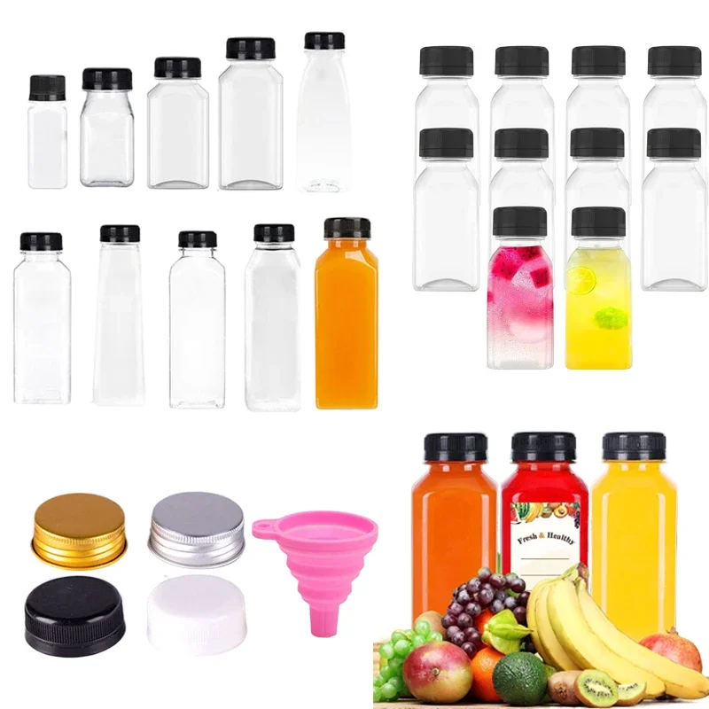 5pcs 60-500ML Clear Empty Plastic Juice Bottle with Caps W/ Funnel Disposable Juice Drink Containers for Making Juicing Smoothie