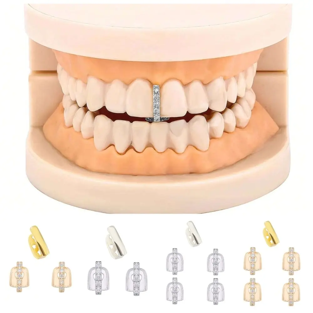 3/5Pcs Punk Hip Hop Teeth Grillz Funny Bling Rhinestone Teeth Caps Removable Gold Silver Color Single Clips Grillz Mouth