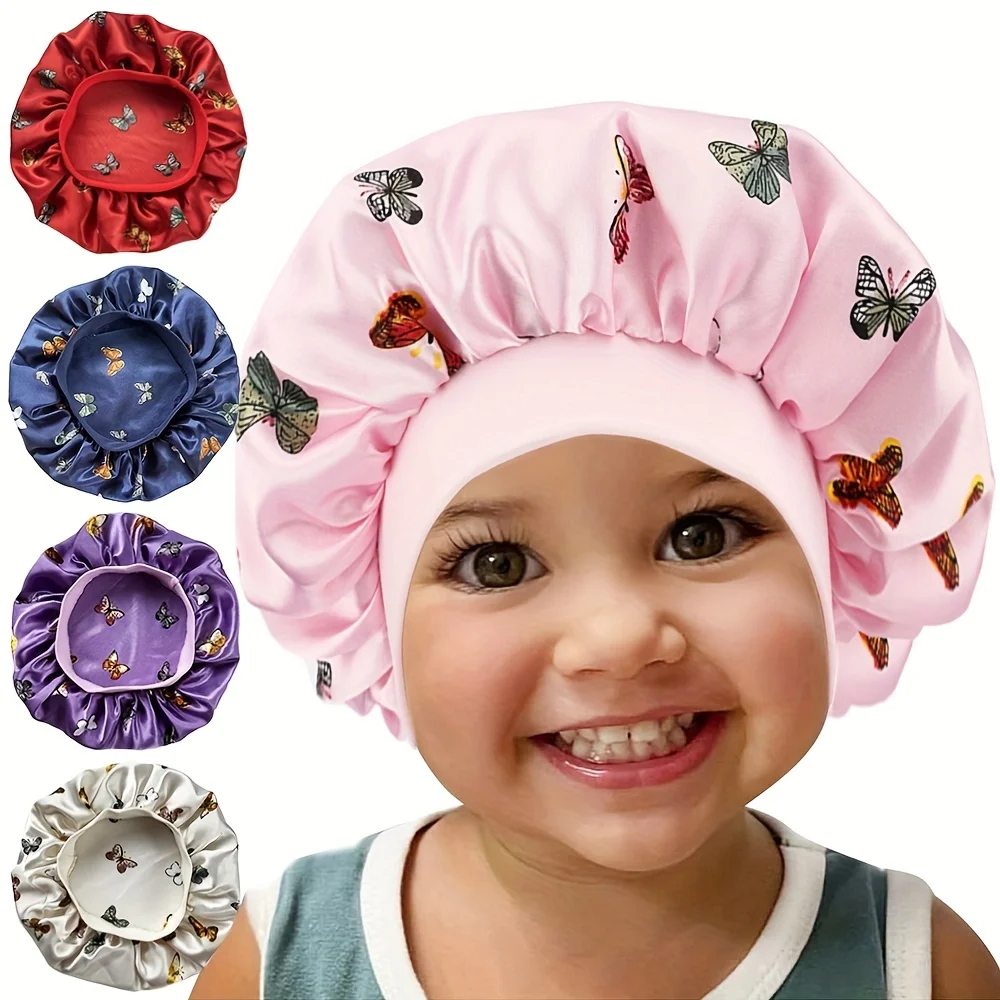 Children kids bonnet cap Bonnet New Wide Edge Elastic Butterfly Printing Sleep Fashion Leisure Home Comfortable Nightcap Hair Cap