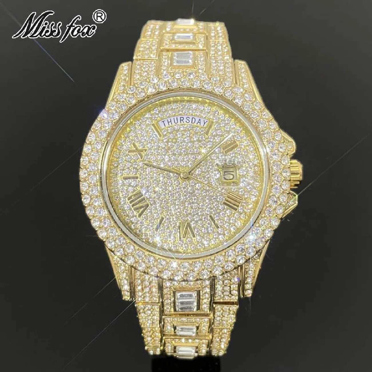 

MISSFOX Gold Hip Hop Watches Men Luxury Iced Out Diamond Fashion Quartz Wristwatch Date Week Stianless Steel Clocks Reloj Hombre