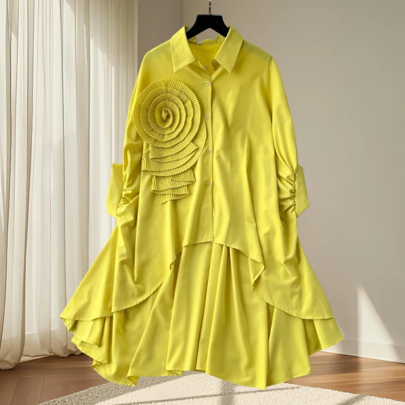 2025، جديد، أوروبي، ملابس، فضفاض، بلوزة، أنيق، ياقة مقلوبة، غير منتظمة، زهور ثلاثية الأبعاد، نسائية، كم باتوينج، بلايز، 41293