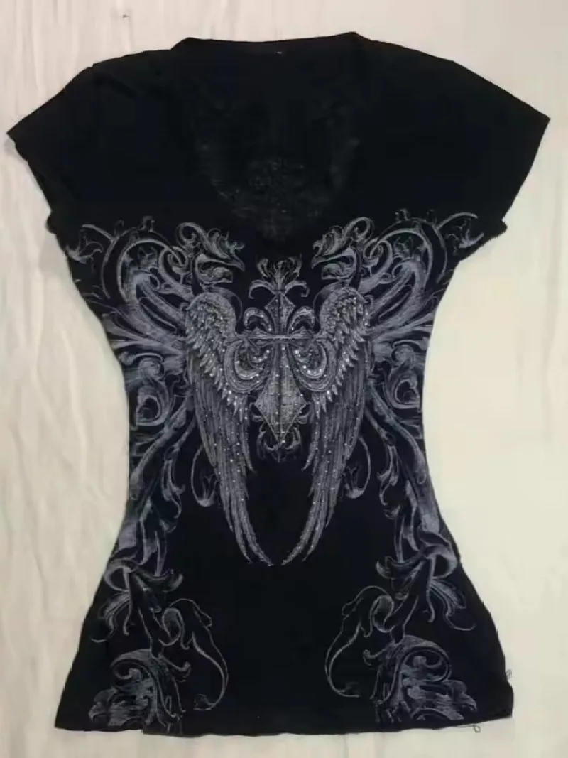 Europäische und amerikanische neue Damen Y2K Slim Fit Kurzarm-Print-Top T-Shirt Spicy Girl Fashion Retro Damenbekleidung