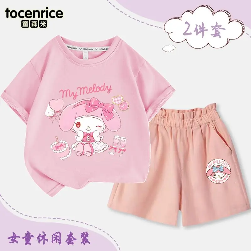 

2024 My Melody Girls T-Shirts Sanrio Kawaii Anime Short Sleeve Pants Summer Sweet Cute Cartoon Babys Sweatpants Tide Kid Gift