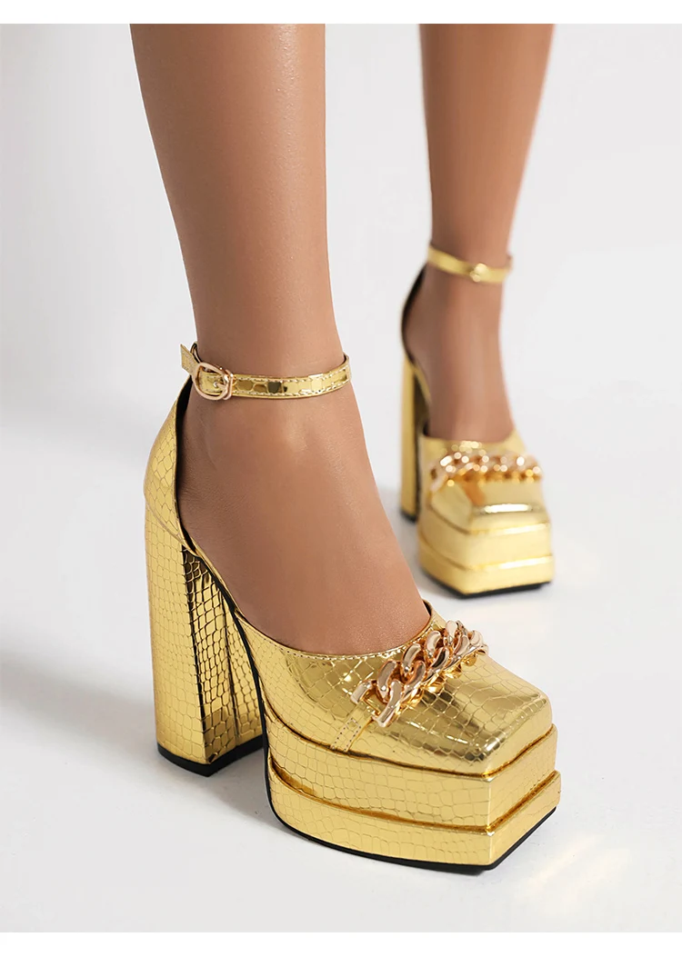Plus Size Plaid Patent Leather Side Cut-Out Women's Sandals Metal Chain Decoration Ultra-High Double-Deck Platform Fashion Shoes