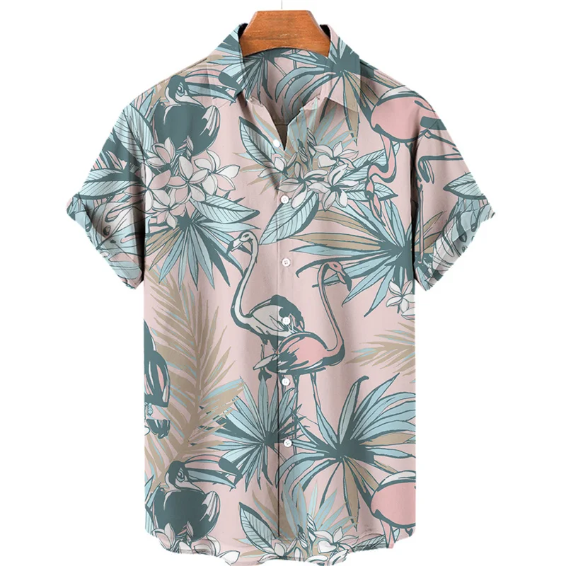 thumbnail image 1 of Camisa hawaiana con estampado 3D de flamencos de jungla tropical para hombre, blusa holgada de manga corta de verano estilo urbano de estilo Harajuku con solapa y botones, 1 of 5