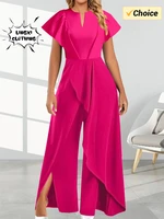 2024 Summer New Elegant Women's V-neck Irregular Jumpsuit Solid Color Short Sleeved Long Style Banquet Women's Jumpsuit - Image 3