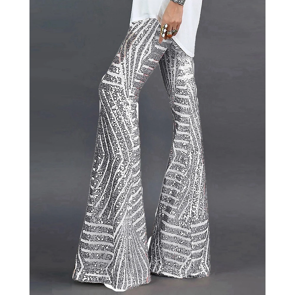 Spring Women Striped Glitter Sequined Design Flared Pants Female Skinny High Waist Long Trousers Streetwear Club y2k Streetwear
