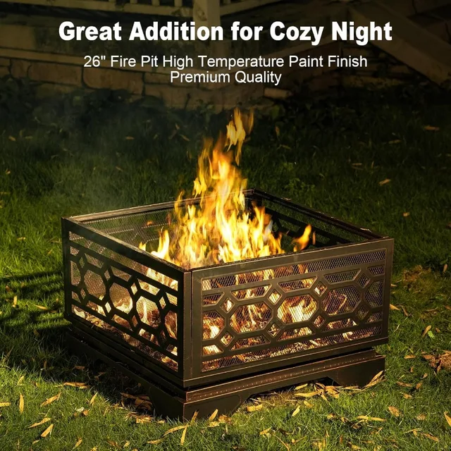 26 Inch Outdoor Wood Burning Fire Pit with Mesh Cover and Fire Poker Large Square Metal Fireplace Ideal for Patio Backyard Gard 5