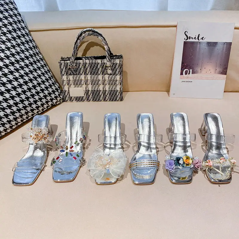 New Fashion Square Head Transparent Thick Heel Sexy Transparent Sandals Simulated Flowers New Trendy Summer Slippers for Women