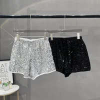 New Modern Heavy Industries sequined European high-waisted shorts women's new 2024 elastic loose wide-leg hot pants casual pants - Image 3