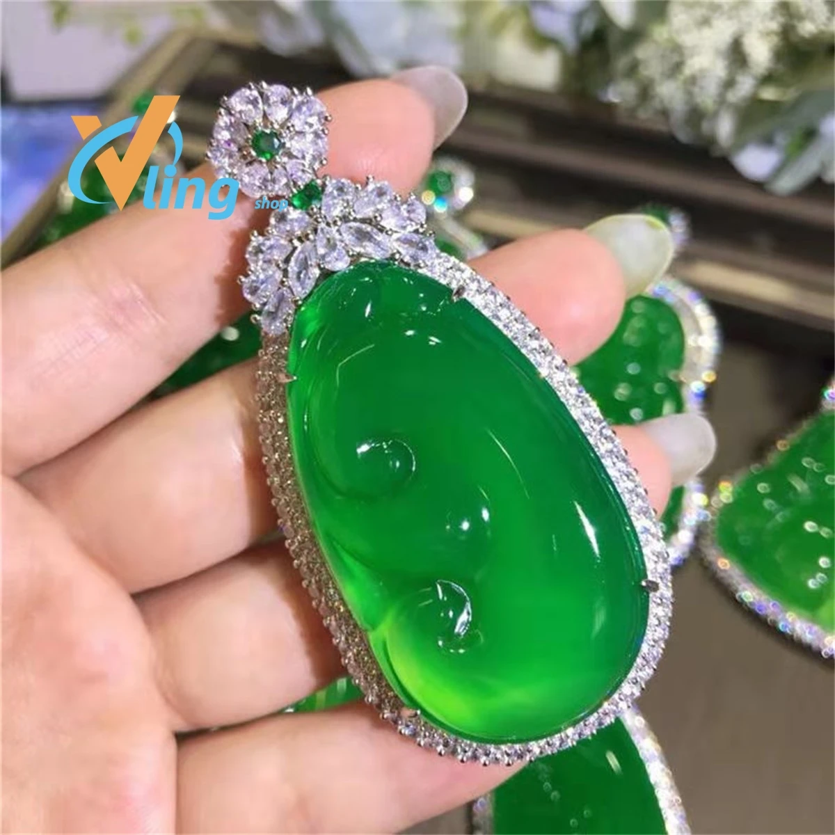 Wholesale High Ice Chalcedony 925 Inlaid With Full Diamond Chalcedony Ruyi Pendant Chain JewelryFashion Gift Charm Retro Amulet