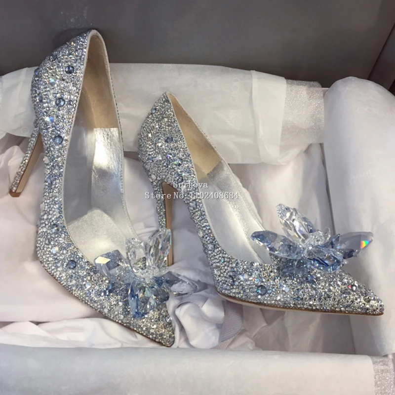 

Fashion Pointed Toe Cinderella Pumps High Heels Sweet Dress Stilettos Lady Evening Party Bling Rhinestones Bridal Wedding Shoes