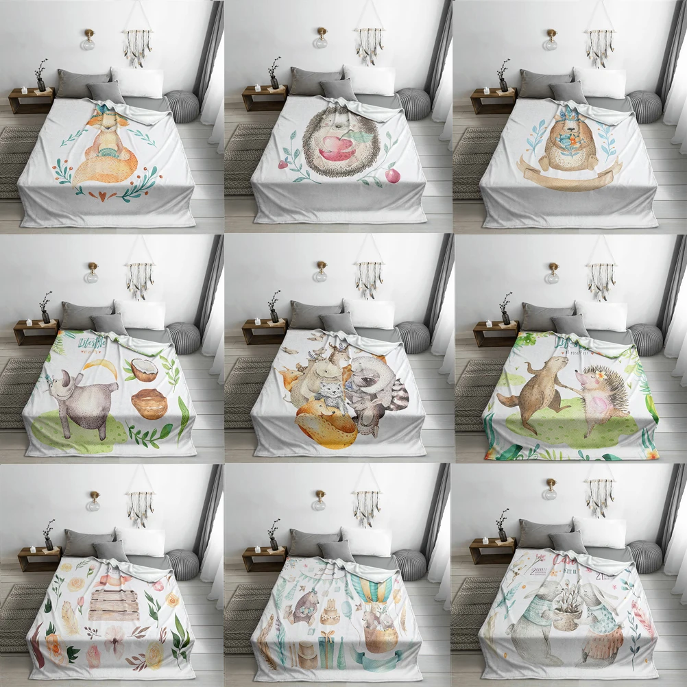 

Animals Print Flannel Blanket Gift for Granddaughter Grandson Bear Foxs Sofa Soft Warm Blankets