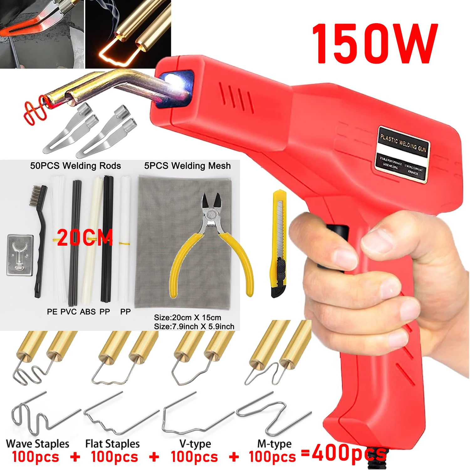150W Upgraded Plastic Welder 2 in 1 Plastic Welding Kit Plastic Repair Welder Hot Stapler Soldering Gun Rods Car Bumper Repair 3