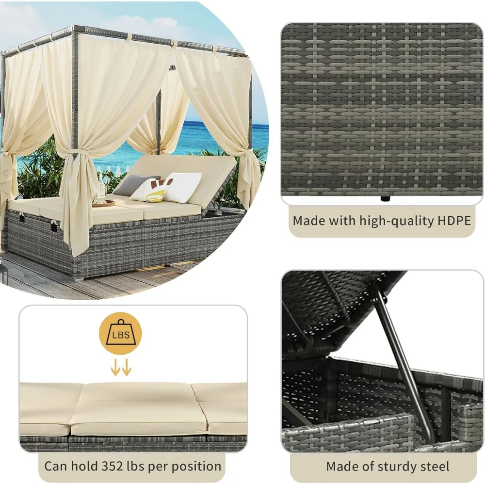 Outdoor Patio Wicker Sunbed Daybed with Canopy, Overhead Curtains, Cushions, Lounge Chairs with Adjustable Seats for Backyard 5