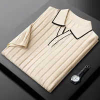 Chemises polo pour hommes Minglu en lin lyocell, col en V, été, luxe, manches courtes, couleur unie, décontracté, business, t-shirts pour hommes 2