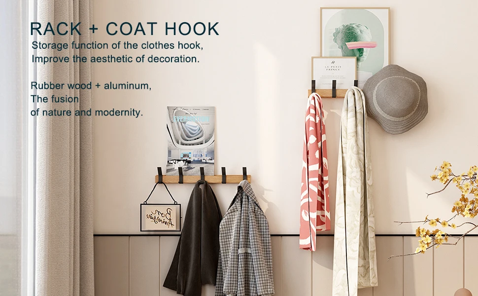 Description Picture 2 of itemMovable 5 Hooks Nordic Coat Rack Wall Mounted Aluminum Metal Clothing Rail For Hat Towel Robes Wooden Hanger Perchero Furniture