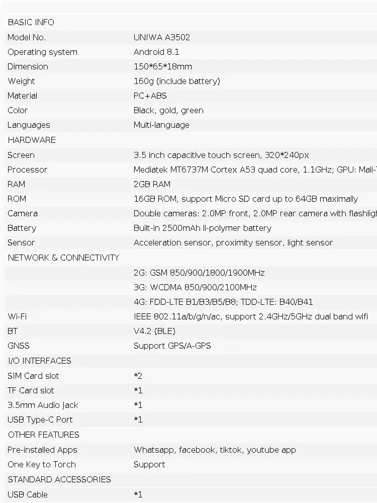 UNIWA HOPE XS24 Smart Phone Android 8.1 Dual SIM 4G Touch Screen T9 Keypad Phone 3.5 Inch 2GB+16GB Cellphone Whatsapp GPS