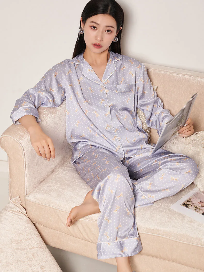 

CRLAYDK 2023 Spring NEW Women Pajamas Polka Dots Long Sleeve Notch Collar Loungewear Silk Button Down Sleepwear Pijama Mujer