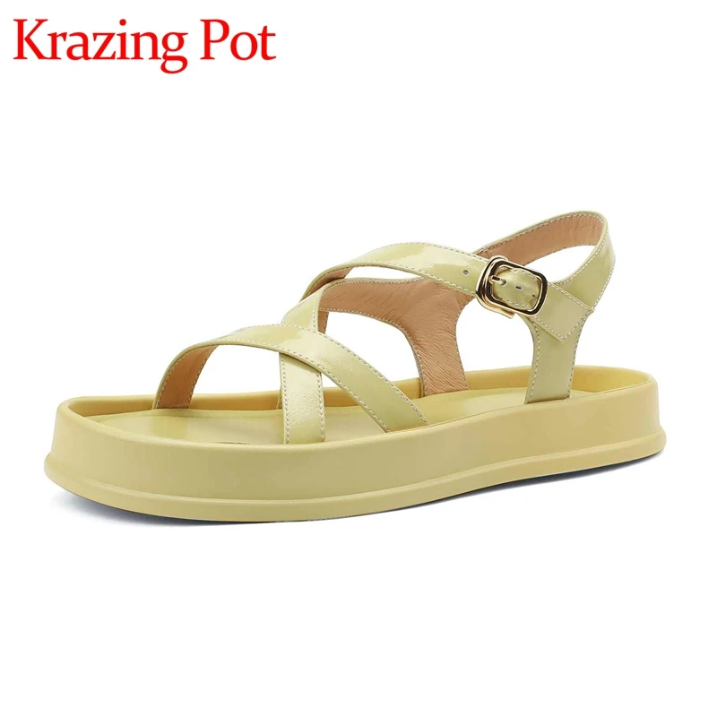 

Krazing Pot Genuine Leather Thick Bottom Platform Simple Style Solid Young Lady Daily Wear Leisure Comfortable Women Sandals L19