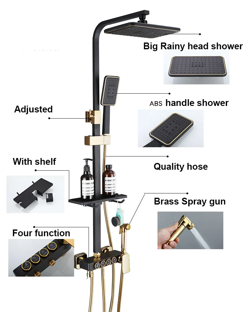 KEMAIDI Black Gold Shower Faucet Set Bathtub  4-way Mixer  Tap with Bidet and Shelf  Bathroom Rainfall Shower Systerm Wall Mount 2