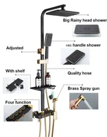 KEMAIDI Black Gold Shower Faucet Set Bathtub  4-way Mixer  Tap with Bidet and Shelf  Bathroom Rainfall Shower Systerm Wall Mount 2