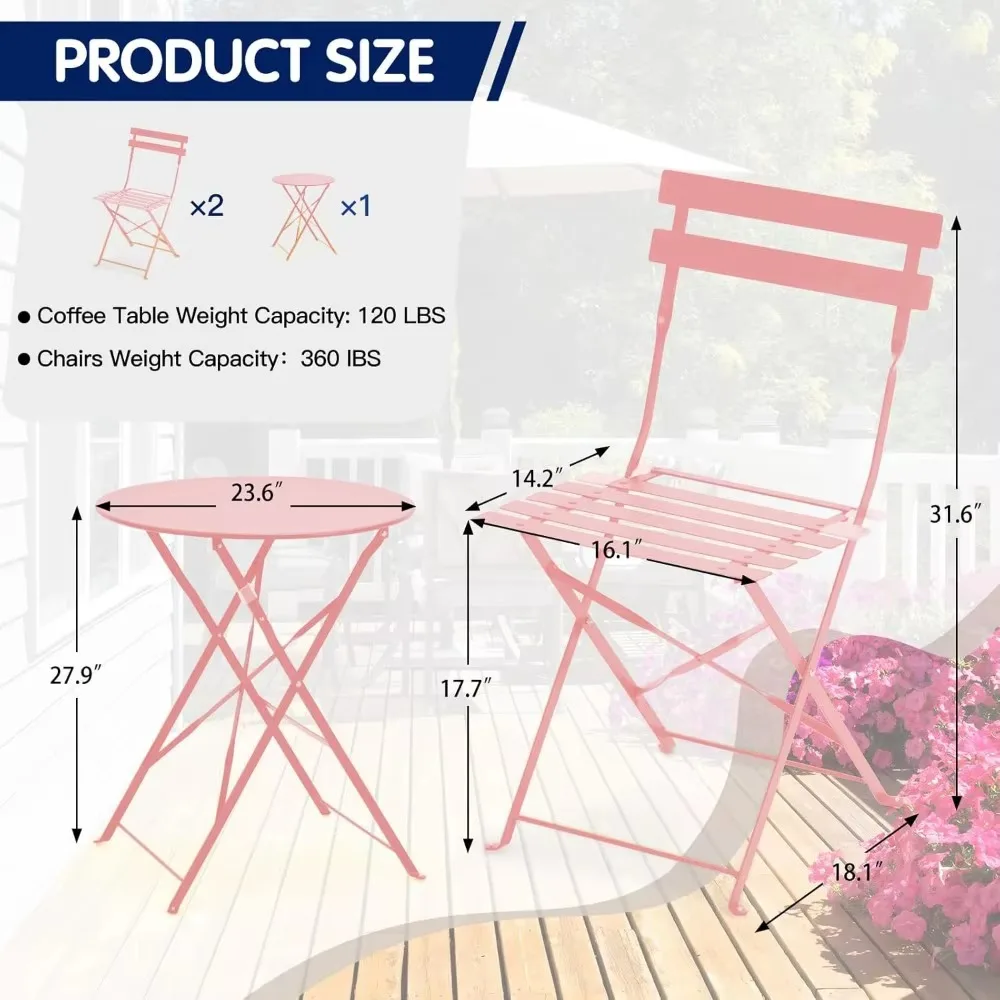 3-Piece Bistro Table and Chairs, Wrought Iron Bistro Set, Anti-Rust, Waterproof Folding Cafe Table and Chairs Set of 2, Foldable 3