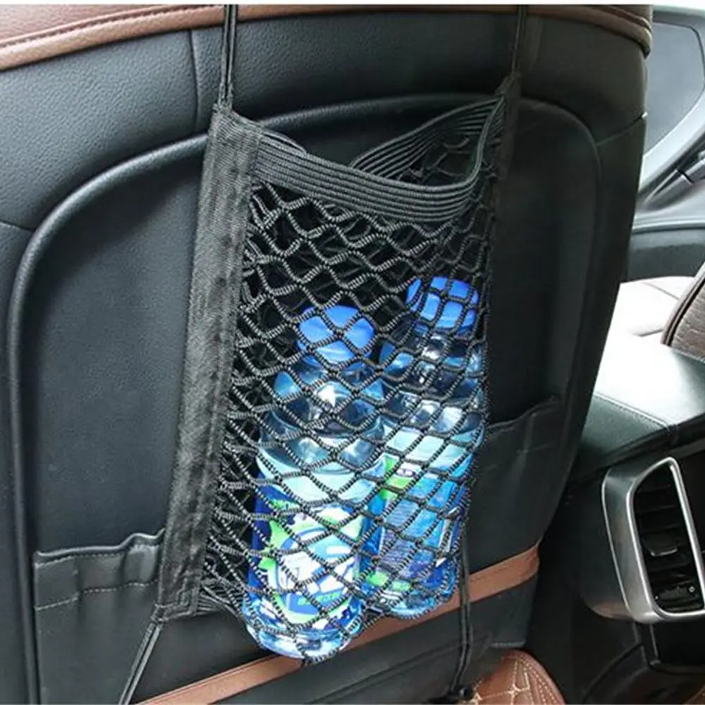 

Car Seat Back Storage Bag Trash Box Holder Seat Elastic String Net Magic Sticker Mesh Storage Pocket Seat Back Bag